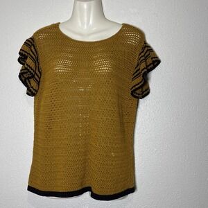 Loft Ann Taylor Mustard yellow open-knit ruffled short sleeve sweater top Size S